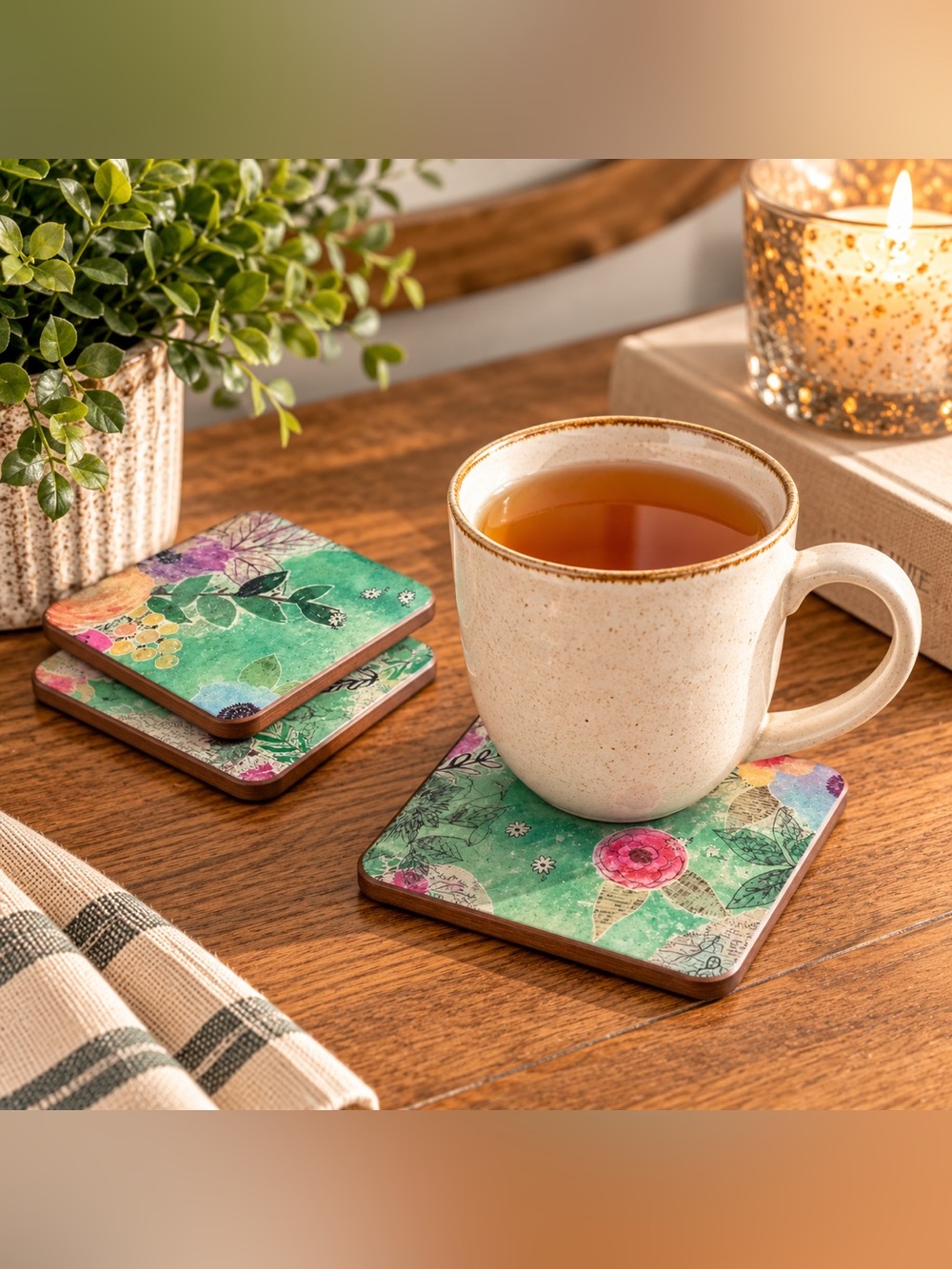 Mint Green Floral Decoupage Wood Coaster Set of 4 Cottagecore Decor
